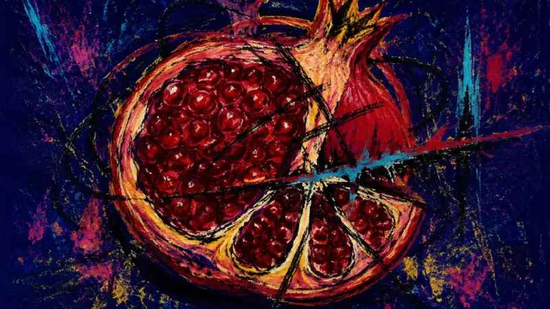 A distorted pomegranate with one chamber crushing the others, representing longing that overrides v