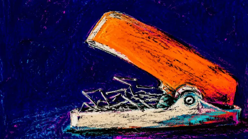 A desk stapler crushed past its closing point, symbolizing how fear of being ignored turns