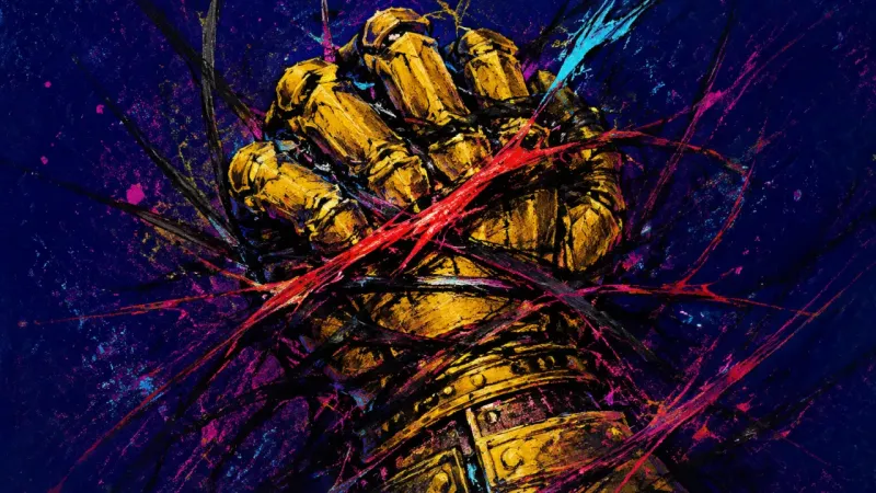 Crushed Authority A gauntlet crushed into a clenched, tangled form, representing inherited anger, defensive speech,