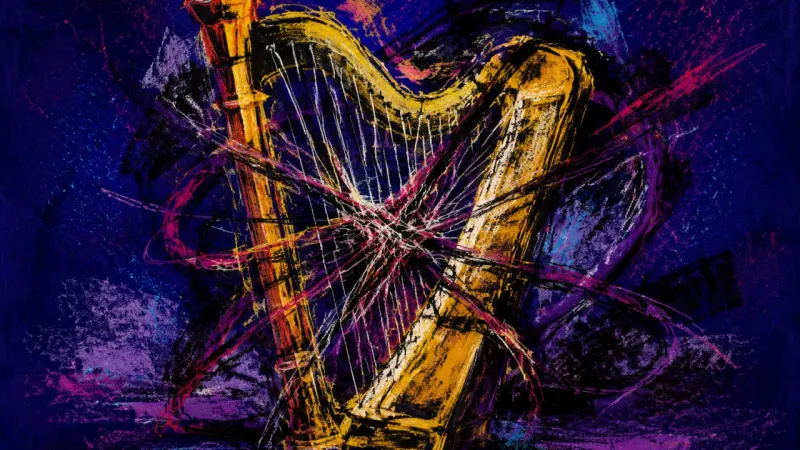 Harp Under Pressure An abstract harp crushed by tangled lines, representing post-achievement emptiness and relentlessดู;