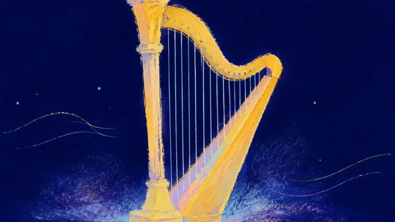 Harp in Alignment An abstract harp restored to balanced order, representing satisfaction rooted in meaningful effortの。