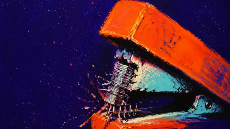 Permission Jam A desk stapler crushed around a jammed staple row, symbolizing career choices narrowed by the need