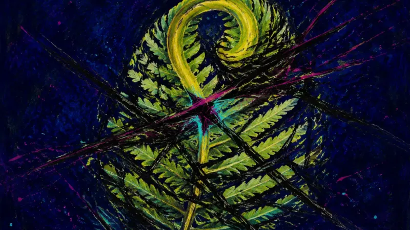 The Compressed Frond A crushed fern frond bound by tangled lines, representing career choice paralysis under anticipated