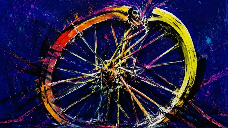 Warped Shared Load An abstract bicycle wheel buckled by tangled spokes, symbolizing guilt-driven over-responsibility in