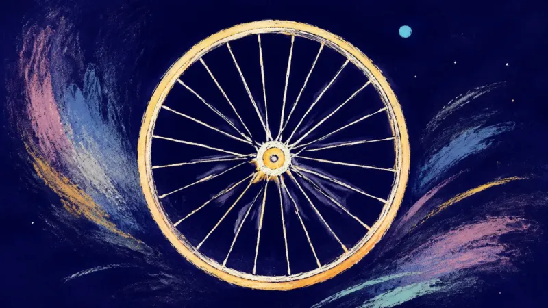 Shared Balance An abstract bicycle wheel with an even rim and orderly spokes, symbolizing balanced support, clear️