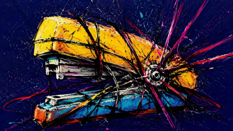 A warped stapler bound by tangled lines, representing anticipatory anxiety and the paralysis of per