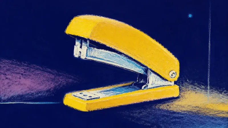 A restored stapler with an open, balanced outline, showing study perfectionism resolved through a re