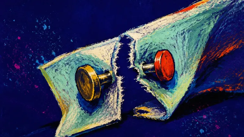 Two cufflinks tear through one crushed shirt cuff, symbolizing the strain of using a prestigious job