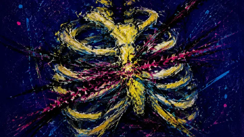 A compressed rib cage bound by chaotic lines, representing longing and projection while waiting f