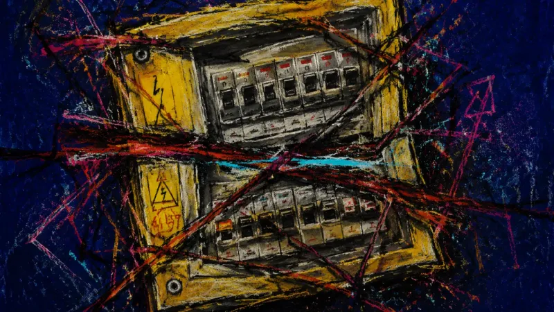 Overloaded Circuit A crushed fuse box tangled by competing lines, representing study paralysis caused by conflicting