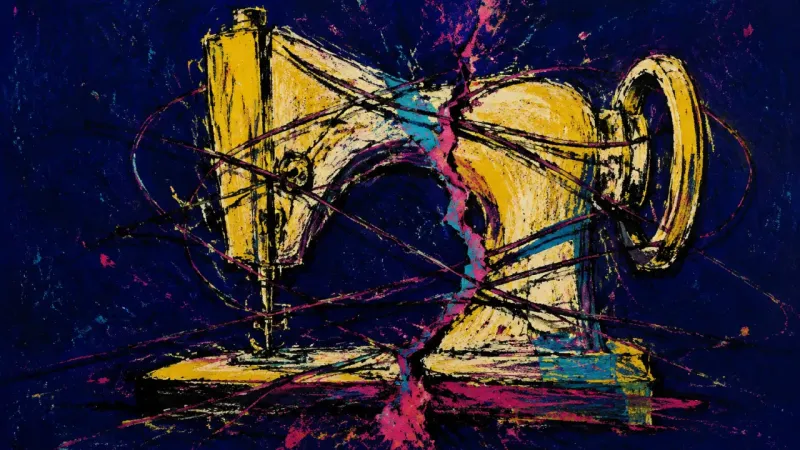The Crushed Pattern A sewing machine crushed by tangled lines, representing purpose paralysis, external comparison, and