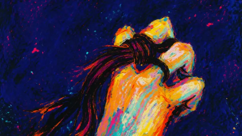 A hand twists a lock of hair around its knuckles, reflecting the strain of escaping personal needs