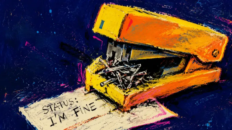 The Stalled Proof A warped stapler jammed over a status note, representing compulsive work used to avoid an unanswered