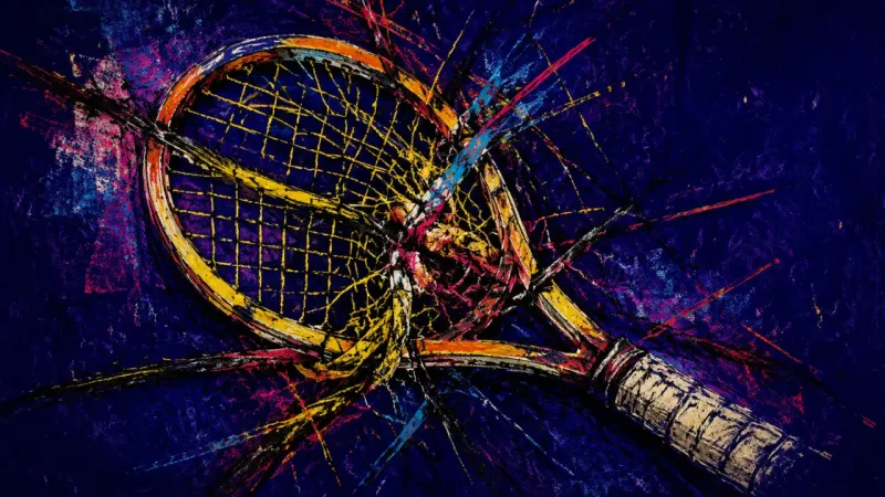Return Under Pressure A collapsed tennis racket trapped in a chaotic knot, symbolizing longing, compulsive pursuit, and er