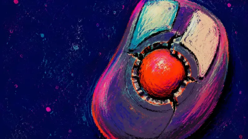 A trackball mouse crushed around its displaced ball, symbolizing compulsive message checking while45