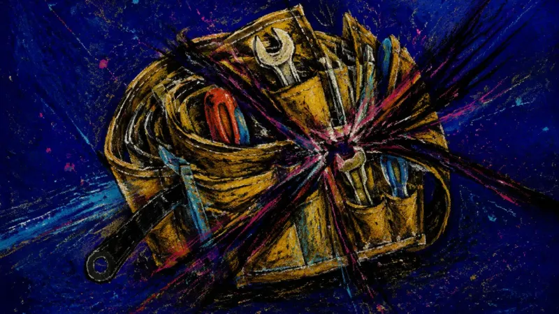 A tool roll crushed into a tangled knot, representing permission-seeking paralysis and the loss of