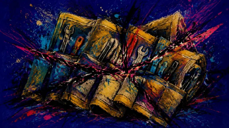 Tools Under Constraint A tool roll crushed into overlapping pockets and bound by chaotic lines, representing PTO guilt and