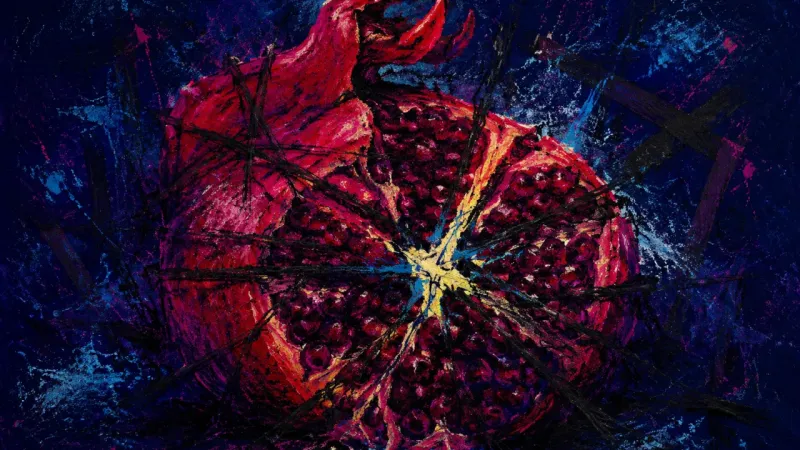 A pomegranate crushed and bound by crossing lines, representing guilt, comparison, and the loss of1.