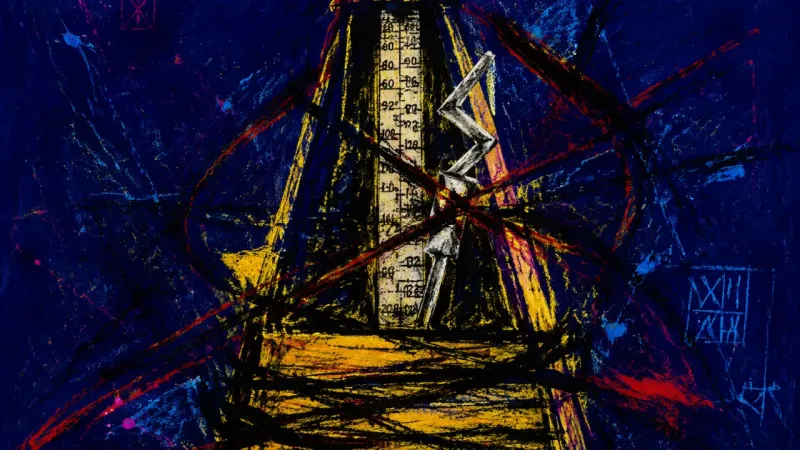 Tempo Under Siege A distorted metronome trapped in dense lines represents perfectionism that keeps job applications