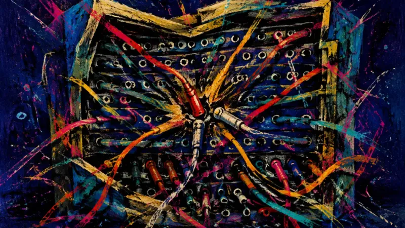 The Compulsory Relay A crushed telephone switchboard bound by tangled lines, representing self-erasure and over-respons