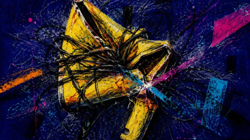 A crushed megaphone bound by chaotic lines, representing creative visibility paralysis and fear that