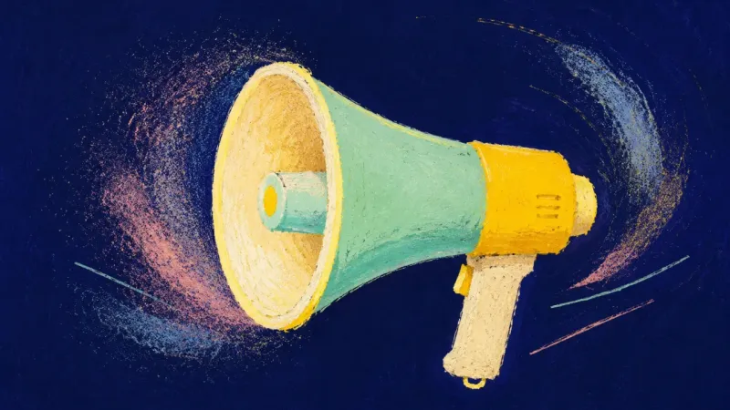 An open, orderly megaphone representing creative self-trust and a bounded willingness to share work.
