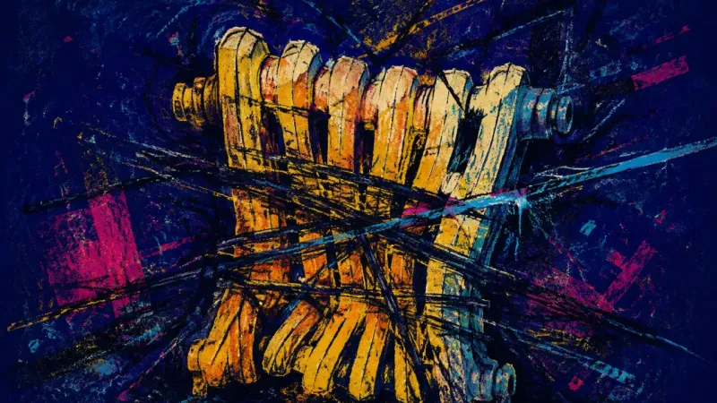 Domestic Rhythm Buckled A crushed radiator bound by chaotic lines, representing home-setup procrastination, disorientation,
