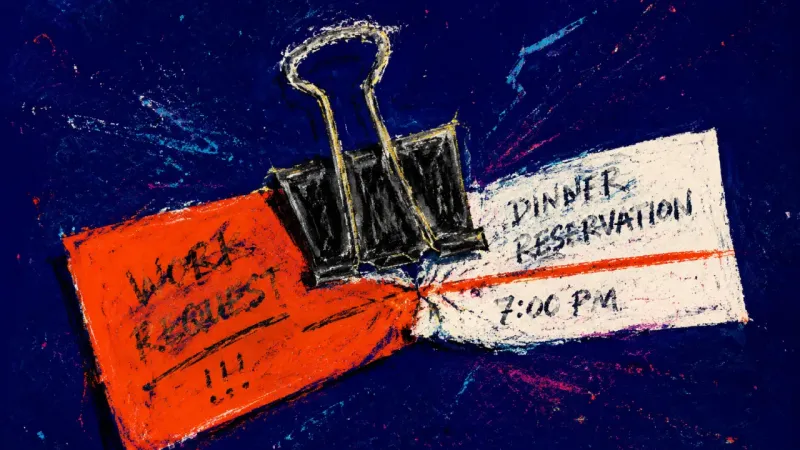 Borrowed Evenings A binder clip traps a dinner plan against an urgent work request, symbolizing automatic overcommit้