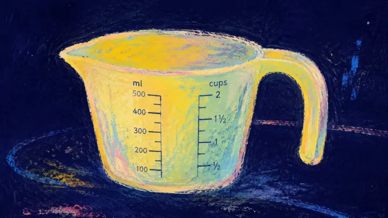 Measured Freedom An abstract measuring cup restored to balanced order, representing a pause that makes personal###