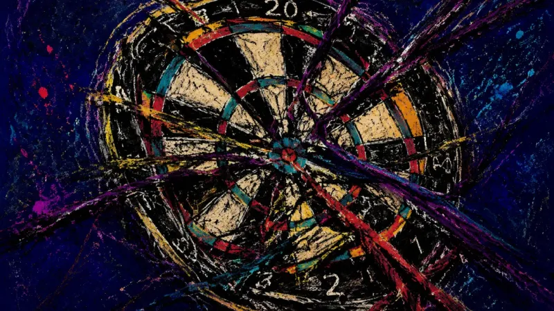 Aim Under Siege A distorted dartboard bound by conflicting lines, representing self-doubt and stalled action under
