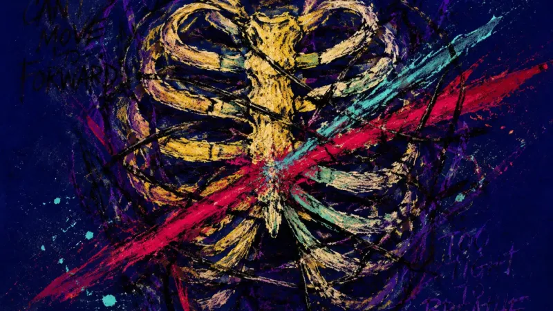 A compressed ribcage bound by chaotic lines, representing the strain of carrying senior-level work