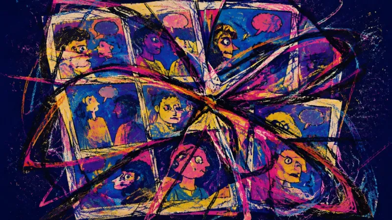 Collapsed Narrative An abstract comic strip overwhelmed by tangled panels, representing limerence, repeated checking,