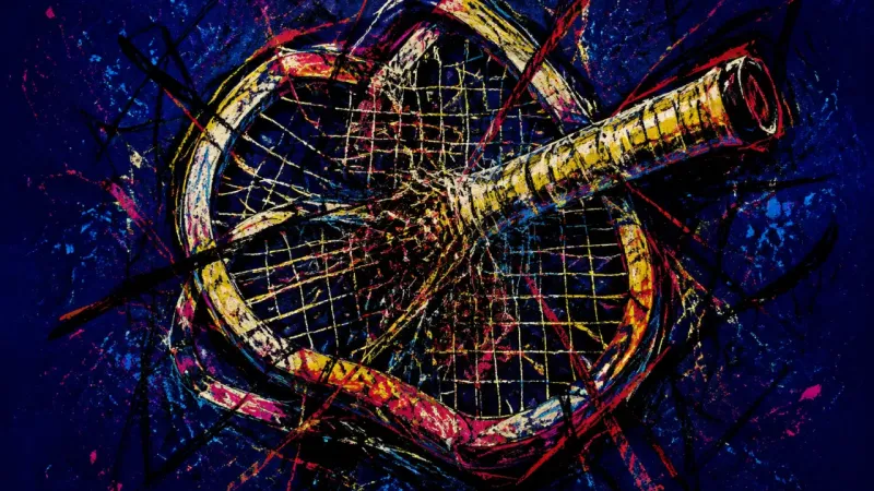 Racket in Collapse A deformed tennis racket bound by chaotic lines, representing performance anxiety and compulsive