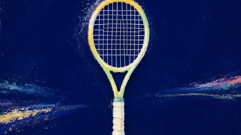 The Measured Return A restored tennis racket with an ordered string grid, representing performance anxiety resolved by