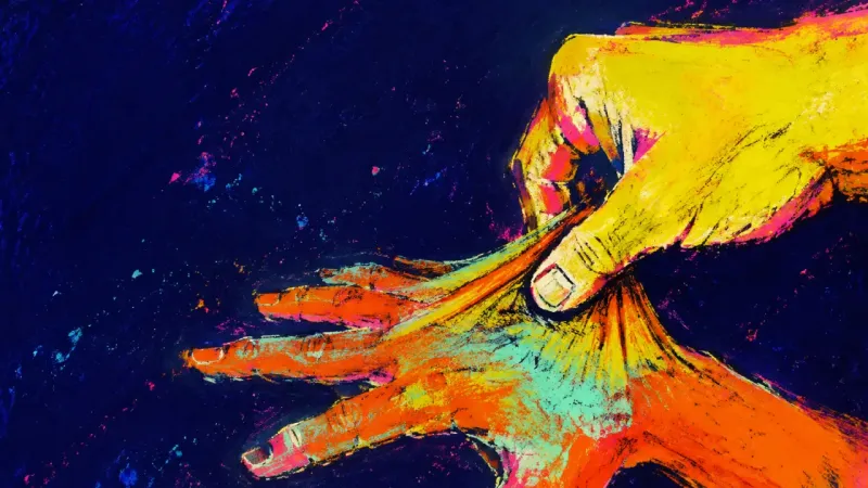 Two hands pinch the fold between a thumb and index finger, reflecting apprehension and delay beforei