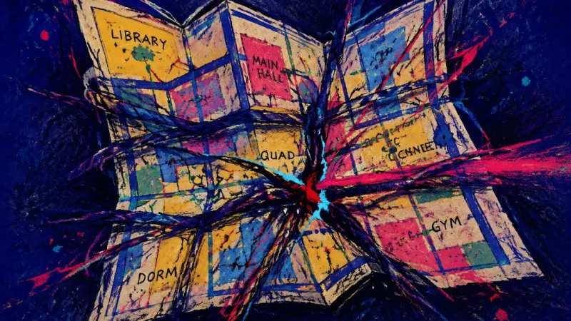 A campus map crushed into tangled routes, representing help-seeking procrastination and the pressure