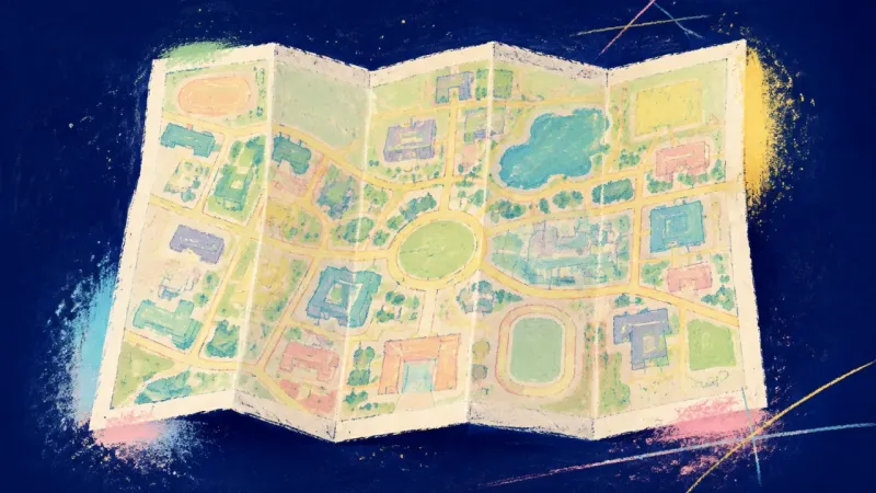 A restored campus map with clear routes and balanced folds, representing support-seeking as an orght