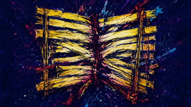 Slats Under Command A Venetian blind crushed into a dense tangle, representing compulsive caretaking, blurred adult <>