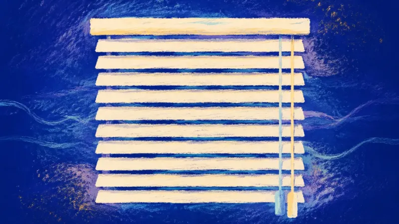 Slats in Accord A Venetian blind restored to an even rhythm, representing care with clear limits, shared adult 책임, 명