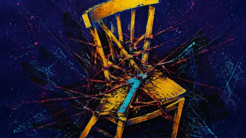 The Diminished Seat A deformed dining chair trapped by dense lines, representing adult regression and boundary loss