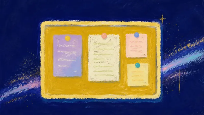 An orderly noticeboard with a few aligned commitments, representing grounded participation in the
