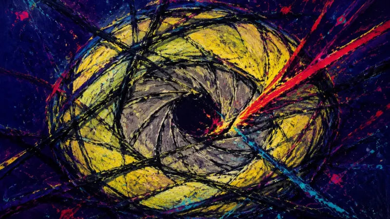 Aperture Under Siege A crushed iris diaphragm bound by tangled lines represents pre-emptive self-editing and fear of