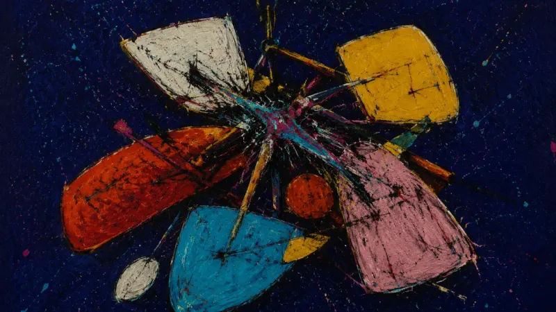 Suspended Belonging A crushed ceiling mobile entangled by chaotic lines, representing career-change paralysis and fear