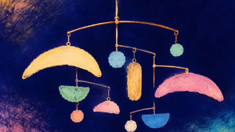 Connection in Motion A restored ceiling mobile in balanced order, representing career autonomy and belonging sustained by