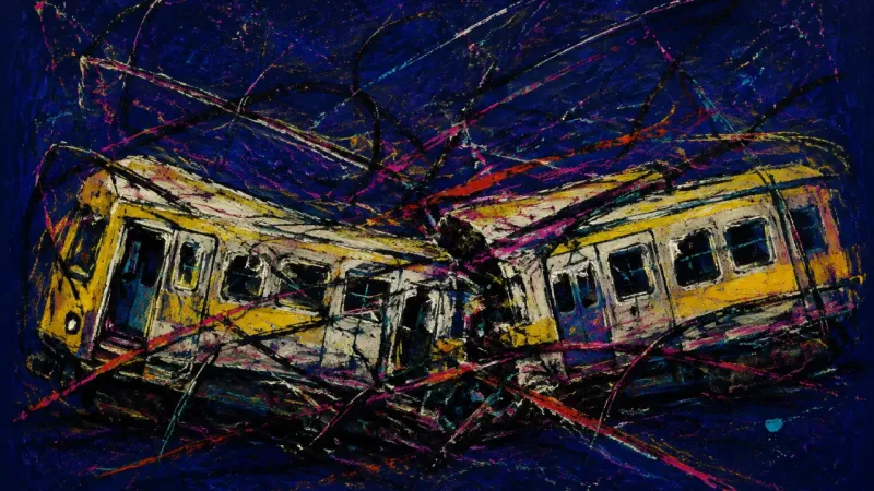 A crushed train carriage symbolizing weary uncertainty, an exhausting commute, and a career future5