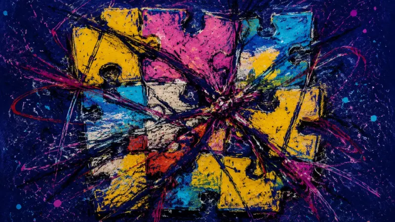Pattern Under Pressure A fractured jigsaw puzzle representing the intermittent-attention loop, where brief hope overwhelms
