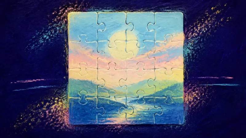 Pattern Made Whole A completed jigsaw puzzle representing grounded self-respect, balanced attention, and openness to a