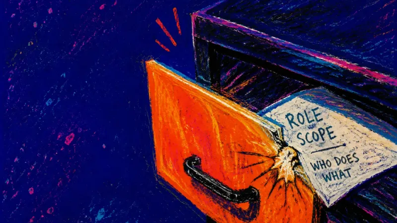 The Unsent Scope A desk drawer traps a half-written role-scope note, symbolizing burnout from doing senior-level work