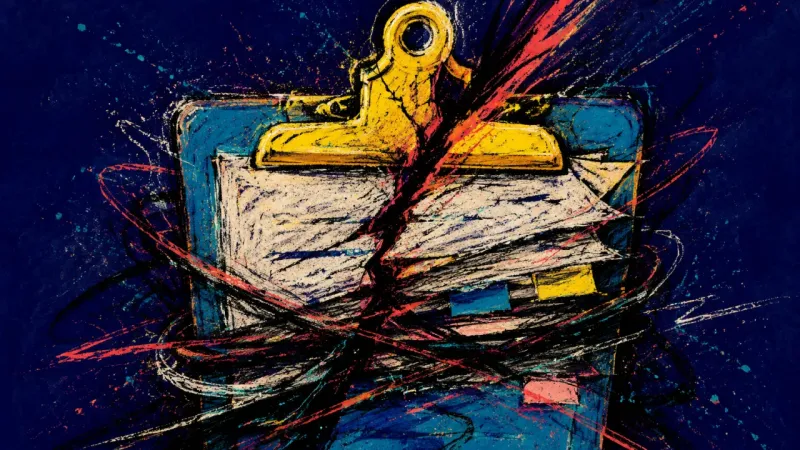 Compressed Scope An abstract clipboard crushed beneath excessive duties, representing burnout from doing senior-level