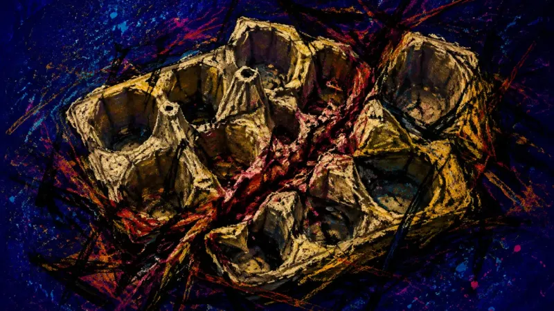Collapsed Compartments An egg carton crushed into a crowded mass, representing academic backlog avoidance and fear of 